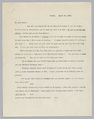 Carnegie discusses financial matters, the purchase of stock and the breaking of a strike at Allegheny [Steel Company]