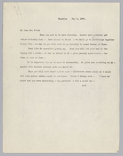 Carnegie discusses traveling to Pittsburgh, Pa. [from New York City] with Frick on Saturday or Sunday of that week and business options