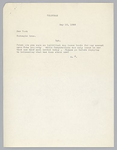Writing from New York, Carnegie inquires about the issuing of bonds on coke properties
