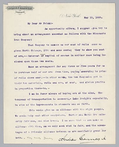 Writing from New York, Carnegie instructs Frick to make arrangement with the Minnesota Iron Company regarding the purchase and transportation of ore