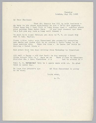 Writing from London, England, Carnegie discusses bringing coke rates down, labor relations at Homestead and his trip to England and Paris