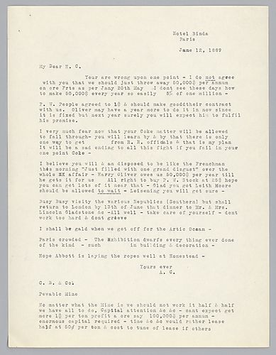 Writing from Paris, France, issues pertaining to the rate of ore, the rate of coke prices and the buying of stock. In the same letter he also addresses Carnegie Brothers and Company on Pewabic mine