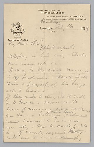 Writing from London, England, Carnegie discusses Allegheny [Steel Company] and his travels in Europe