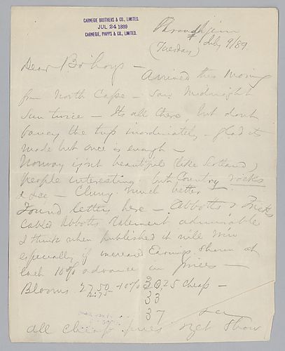 Writing from Norway, Carnegie discusses labor relations at Homestead; production of pig iron; the cost of rails and his travels in Europe