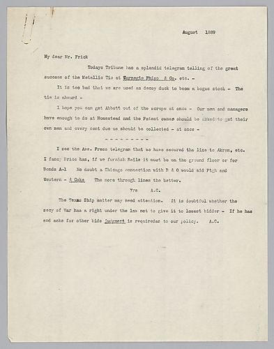 Carnegie discusses Homestead mill, stock, and rail lines