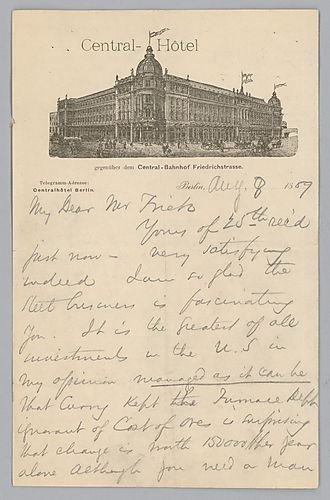 Writing from Berlin, Germany, Carnegie discusses production at mills and various other business