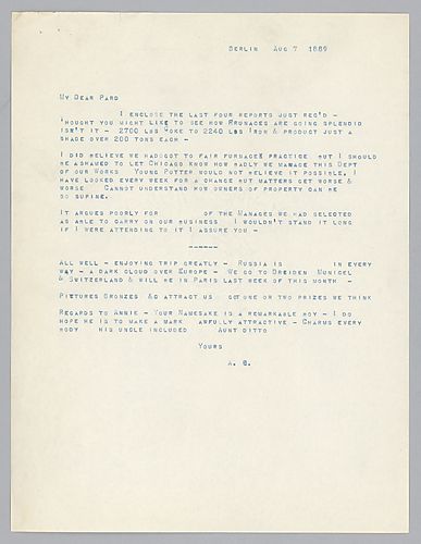 Writing from Berlin, Germany, Carnegie discusses production at mills and his visit to Russia