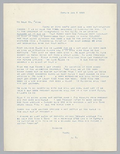 Writing from Berlin, Germany, Carnegie discusses production at mills and various other business