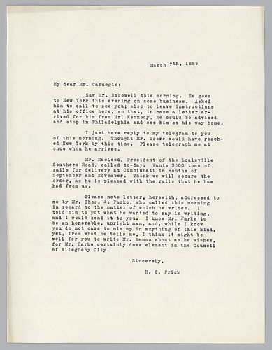 Frick informs Carnegie of rail orders refers to undisclosed matter involving a Mr. Parke and the Council of Allegheny City