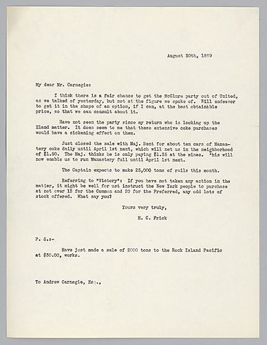 Frick informs Carnegie of various business transactions