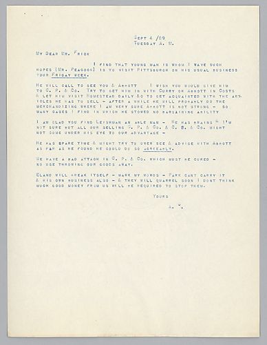 Carnegie advises Frick on the hiring of a young business man named Mr. Peacock at Carnegie Phipps and Company