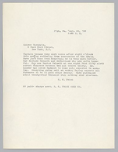 Frick informs Carnegie of Captain [William Jones] health after an accident in which he was severely injured