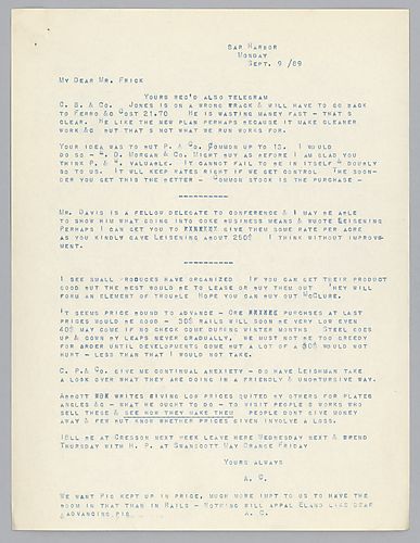 Carnegie advise Frick on the price of rails and various business at Carnegie Phipps and Company