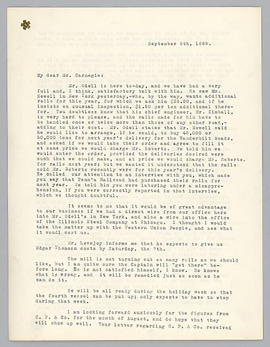Frick informs Carnegie About the production, price and the sale of rails along with on-going business negotiations