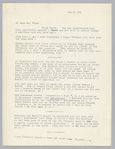 Carnegie advises Frick about the operation of the Edgar Thomson and Homestead works and discusses matters pertaining to coke prices and properties