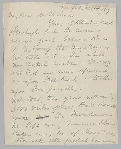 Writing from New York, Carnegie discusses the production and price of steel rails and about competition from Chicago
