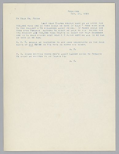 Carnegie advises Frick over the purchase of ore