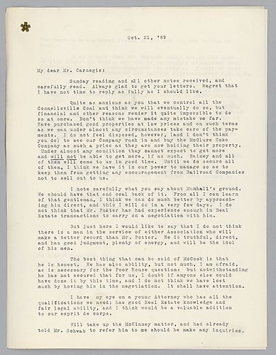 Writing to Carnegie in New York, Frick discusses Connellsville Coal, purchase of properties, employees, and Drexel and Morgan and Company