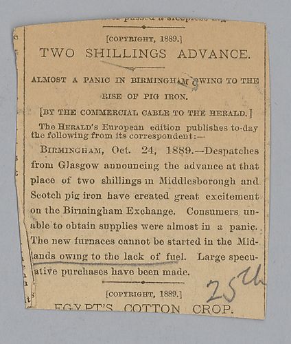 Carnegie discusses business in Europe; the price of pig iron and the price of rails. Included with the letter, a newspaper clipping concerning the price of pig iron in England