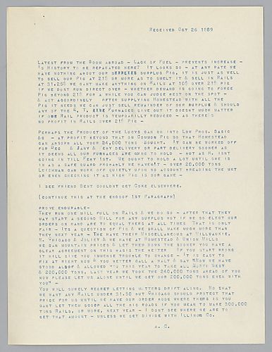 Carnegie discusses business in Europe; the price of pig iron and the price of rails. Included with the letter, a newspaper clipping concerning the price of pig iron in England