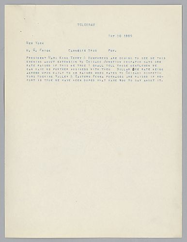 Writing From New York, Carnegie informs Frick about the extension of the Chicago Junction and its correlation to ore rates and their competitors in Chicago