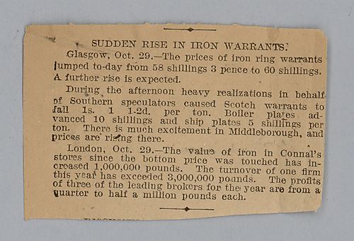 Carnegie discusses negotiations over the possible purchase of Allegheny [Bessemer Steel] for $600,000. Included with the letter, a newspaper clipping reporting on the price of iron in England