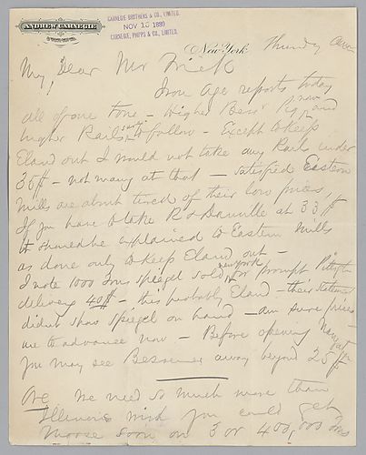 Carnegie addresses issues concerning the price and purchase of ore, Mr. [Alexander] Peacock, Homestead works and structural steel