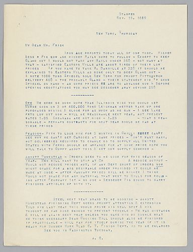 Carnegie addresses issues concerning the price and purchase of ore, Mr. [Alexander] Peacock, Homestead works and structural steel