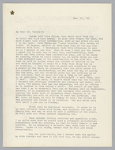 Frick inform Carnegie about the proceedings in the negotiations to purchase Allegheny Steel Company and the acquisition of ore and the purchase of stock
