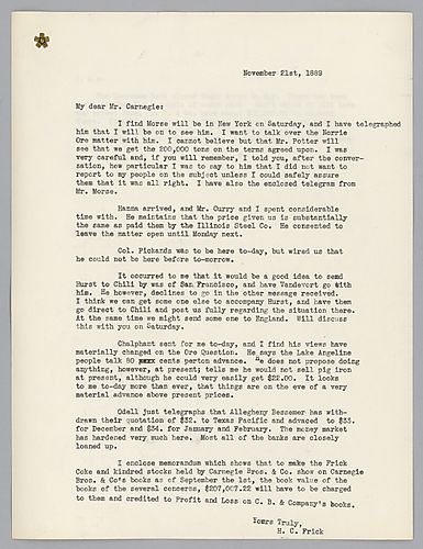 Frick informs Carnegie about negotiations about the purchase of ore and advises sending a Mr. Hurst to Chile and also a man to England. Allegheny Steel Company, stock and the closure of the Lawrence Bank in [Pittsburgh] are among other the topics Frick di