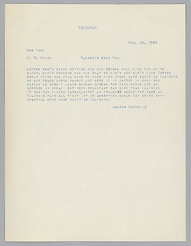 Carnegie writes from New York discussing price negotiations for the purchase of ore