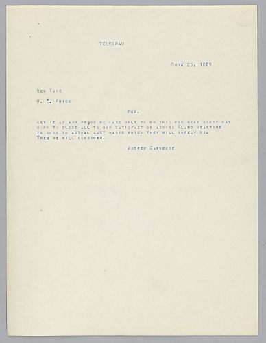 Carnegie makes reference to price and cost his in telegram