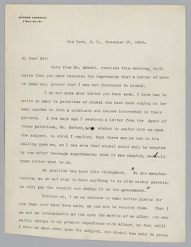 Carnegie discusses the use of nickel for [steel] plate armor for [naval] ships and makes reference to Benjamin F. Tracy[Secretary of the Navy]