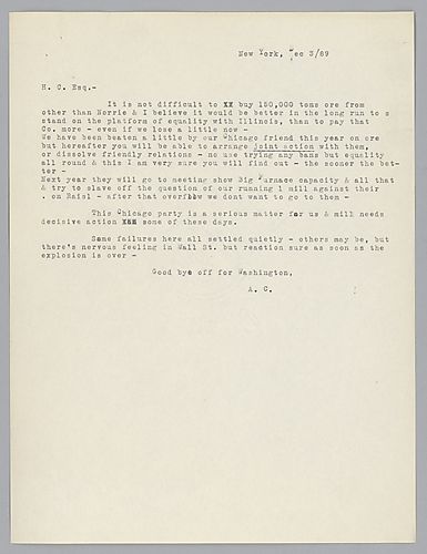 Writing from New York, Carnegie discusses the purchase of ore and competitors in Chicago