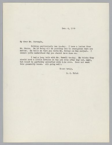 Frick informs Carnegie on a matter concerning ore