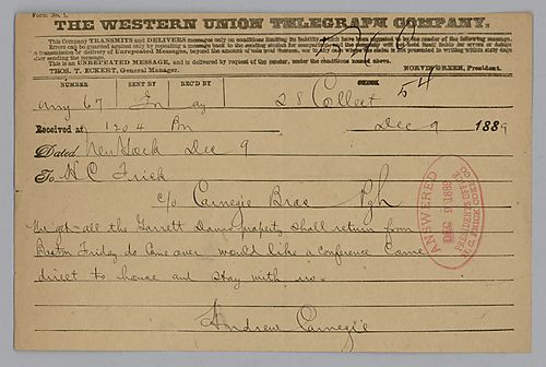 Carnegie mentions the purchase of Garret Davis property and announces he will return to Boston to [Pittsburgh]. On his return from Boston, Carnegie requests a conference with Frick