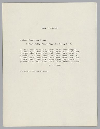 Frick writes to Carnegie in New York City, informing him of his departure to Philadelphia and reports on the "Norrie matter."