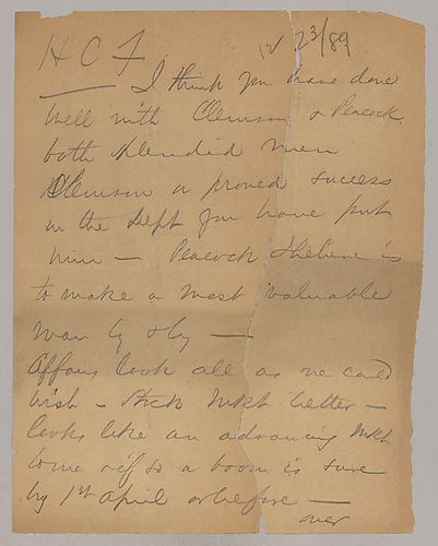 Carnegie writes to applaud Frick's staffing decisions of Mr. Peacock and Mr. Clemson. He speculates on the stock market rising and then mentions a trip to Washington D.C