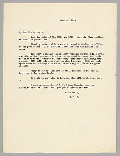 Frick writes to Carnegie of how he has carried out his instructions. Frick also details recent land purchases with both good and poor results