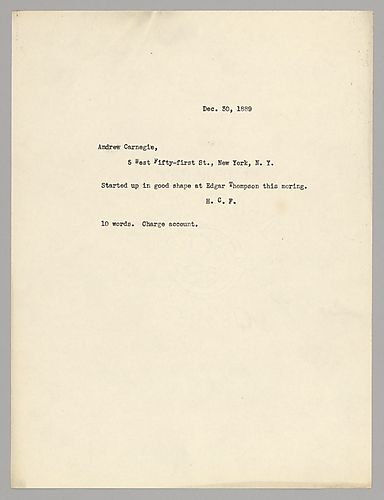 Frick writes Carnegie, who is in New York, NY that Edgar Thomson plant is in good shape