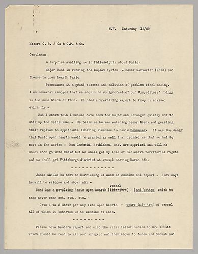 Carnegie writes about technological advances announced by competitors related to the Bessemer. He calls for greater awareness of the competition and a move to get territorial rights