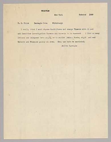 Carnegie writes to Frick about his decision to bring legal action against "South Penna" and Thomson