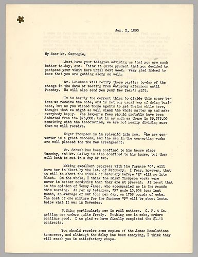 Frick writes to Carnegie about a settlement of $75,000 USD. He also describes the Edgar Thomson plant as being in great condition, listing steel production per coke use