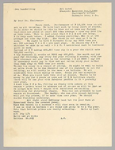 Carnegie writes on plans to produce more efficiently by cleaning out furnaces, even if it requires building an extra furnace to keep up production