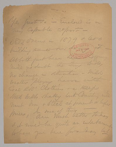 Carnegie writes on a report he has received, the shaky market, and Frick's desire to come and visit him