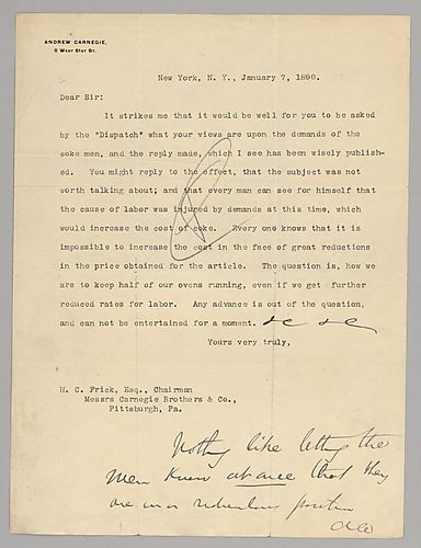 Frick writes on the labor issues as profits are down and labor desires increases including Carnegie's "wise" comments on the subject