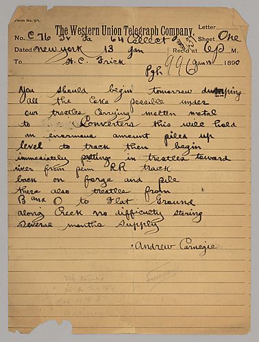 Carnegie writes to instruct Frick to dump coke under the trestles carrying molten metal to converters