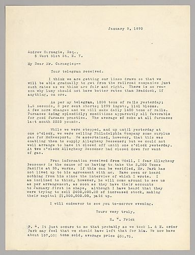 Frick writes to describe production and to explain a situation in which gas was knowingly sold to a rival plant