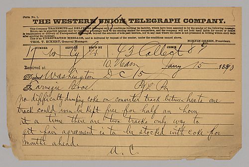 Carnegie writes from Washington D.C. on dumping coke onto the converter track between heats. He also expresses his opinion that stocking up on coke will bring fair prices