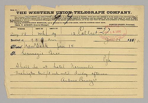 Carnegie writes that he will be at the Hotel Normandie in Washington through Friday afternoon